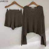 2 Piece Sets Women Outfits Long Sleeve Pullover Women 's Tops High Waist Casual Shorts Elegant Lady Office Suit Knit New-Outfit