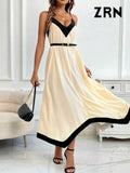 ZRN-Women's Asymmetrical Semi-Sheer Midi Dress, V Neck, Thin Straps, Female Dresses, Patchwork, Sexy Fashion-Outfit
