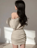 Sexy Rib V Neck Off Shoulder Long Sleeve Mini