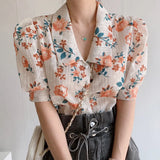 New 2021 Korean Floral Blouses Tops Lapel Short Sleeve Embroidered Shirt Blusas Button Up Shirt Harajuku Tops Mujer