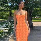Flower Print Slip Sleeveless Backless Slim Sexy Maxi Dress 2022 Spring Women Elegant Streetwear Party Clothing