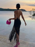 Solid Tassel Women's Maxi Dress Sexy Cross Hanging Neck Open Back Sleeveless Robes 2023 Summer Lady Party Chic Vestidos-Outfit