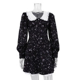Woherb Spring Women's Fashion Long-Sleeved Floral Short Dress Design Sense Doll Collar Waist A-Line Skirt-Outfit