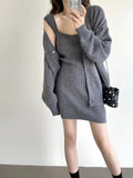 Woherb New Loose Solid Color Sweater Cardigan Package Buttock Vest Skirt Suit In The Long Sweater Two Sets Of Women-Outfit