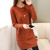 Sping Winter Women Black Sweaters Casual Solid O-Neck Long Sleeve Knit Sweaters Loose Pockets Mid Length Pullover Female