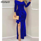 Women Off Shoulder Velvet Ruffles Bodycon Dress 2022 Femme Elegant Long Sleeve Party Maxi Robe Lady Evening Clothing traf-Outfit