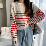 Korean Style Striped Sweater Woman All Match Long Sleeve Knit Pullover Women Autumn Winter Basic O Neck Bottoming Shirt-Outfit