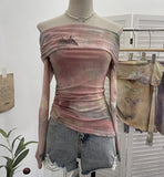 Shooting Design Dizzling A Word On The Shoulder Of The Women's Net Exposed Shoulder Long Sleeves Irregularly Folded Short T-Shirt
