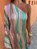 Elegant Printed Diagonal Neck Maxi Dress For Women Sexy Backless Single Flare Sleeve Robe 2024 Summer Lady High Streetwear-Outfit