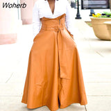 Women High Waist Buckle Belted PU Leather Skirt Elegant Party Maxi Skirts Bottoms-Outfit