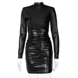 Pu Leather Club Mini Dress Winter Fall Bodycon Long Sleeve Sexy Party Outfits Women Fashion Birthday Y2K Clothes-Outfit