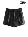 ZRN-Women's Faux Leather Shorts with Side Pockets, High Waist, Zipper Fly, Female Short Pants, Chic Fashion-Outfit
