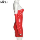 Kliou Faux PU Leather With Gloves Party Dress Women Backless Sexy Hot Clubwear Skinny Slim Solid Fashion Bodycon Mini