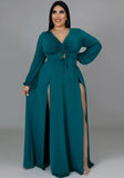 Romantic V-neck Full Sleeves Solid Slit Maxi Plus Size Long