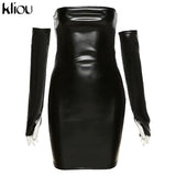 Kliou Faux PU Leather With Gloves Party Dress Women Backless Sexy Hot Clubwear Skinny Slim Solid Fashion Bodycon Mini