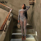 Kliou Mesh Striped Two Piece Set Women Sheath Body-Shaping High Street Sexy Hipster Long Sleeve O-Neck Female Streetwear