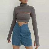 Women's Turtleneck Sexy Hollow Out Ribbing Knitted Sweaters Pullovers Female Two Piece Set Knitted Top Solid Basic Slim