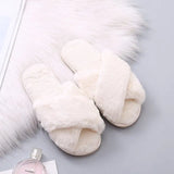 Fluffy House Slippers Cozy Faux Fur Cross Floor Indoor Slides Female Slip On Furry Flip Flops Warm Shoes Home