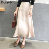 Summer Elegant Women Skirt Ladies Satin Skirt Plain Shiny Vintage Skirts Solid Office High Waist Fashion Party Skirts chic-Outfit