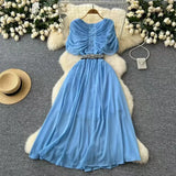 Fan Niche Design Pressure Folding Collar Button To Collect Waist Thin Temperament Medium Long Over Knee Chiffon