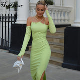 2021 Summer Fall Women Fashion Solid Slip Slash Neck Long Sleeves Cut Out Maxi Dress Slim Y2K Streetwear