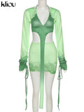 Kliou Hipster Y2K Two Piece Set Women Skirt Undefined Lengthen Ribbons Sexy Cleavage Top+Tie Dye Cut Out Slim Female