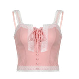 Woherb And Hot Girl Wind Pink Lace Stitching Sling V Tie Slim Heavy Industry Design Vest-Outfit