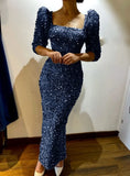 Elegant Sequins Boat Neck Puffed Sleeve Evening