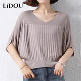 Fashion Ladies Casual Bat Sleeve Ice Silk Knitted T-shirt Oversized V-neck Loose Pullover Top Women Elegant Simple Tees-Outfit