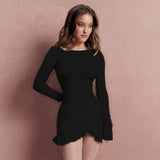 Autumn Women's New Fashion Round Neck Long Sleeves Folded Taut Knot Short Bag Hip