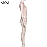 Kliou Sexy Mesh Jumpsuit Women Geometric Letter Print See Through Sheath Slim Overall Long Sleeve Turtleneck Party