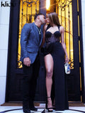 Kliou Halter Mesh Maxi Dress Women Wrapped Chest Asymmetrical Side Spilt Vestido Lady Girl Sexy Elegant Robe Party