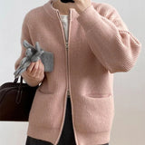 Woherb Color Double Zipper Design Sense Knit Cardigan Female 2024 Spring Autumn New Korean Loose And Casual-Outfit