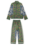 2023 Summer Women Vintage Suits 2 piece Sets Print Satin Shirts Tops and Trousers Female Fashion Street Two piece Suit-Outfit