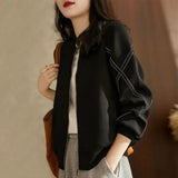 Woherb Sense Cross Strip Long Sleeve Jacket Standing Collar Baseball Uniform Women's Fall 2024 New Space Cotton Black Coat-Outfit