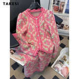 Spring Elegant Vintage Knitting 2 Piece Set Women Long Sleeve V-neck Cardigan + A-line Skirt Retro Two Piece Skirt Set-Outfit
