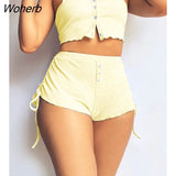 Women 2 Pieces Plain Button Front Frill Hem Crop Top & Drawstring Short Set 2022 Femme Casual Pajama Suit Set Lady Homewear traf-Outfit