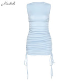 Summer Solid Casual Vacation Slim Dress Women Knitting O Neck Sleeveless Fashion Skinny Lady Mini Wrap Dress
