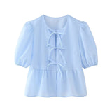 New Bubble Cuff Lace-Up Solid Color Short Blouse 1213835-Outfit