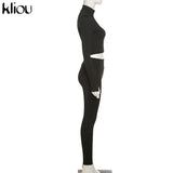 Kliou Solid Simple Two Piece Set Women Sheath Slim Casual Sporty Long Sleeve Zipper Top+Body-Shaping Female Activewear