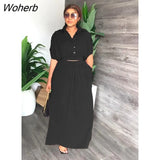 Fashion Two Piece Set Women Casual Solid Bat-sleeve Button Shirt Split Skirt Two Piece Suit Women-Outfit