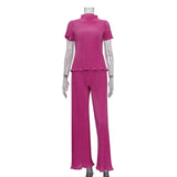 Woherb 2023 Summer New Thin T-Shirt High Waist Blue Pleated Floor Pants Casual Women's Fashion Suit-Outfit