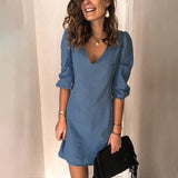 Fashion Women Summer Autumn Casual Loose Dress V-Neck Three Quarter Sleeve Mid Waist Solid Color Pullovers Mini
