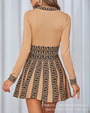 Print Long Sleeve Work Dress Women High Waist Spring Summer O Neck Fashion Mini Dress-Outfit