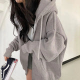Women Korean Version Loose Hoodies Long Sleeve Zip Up Solid Pocket Oversized Sweatshirts Female Thin Harajuku Hooded Coat
