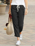 2022 Spring New Trousers Solid Color Cotton Linen Style Loose Casual Plus Size Drawstring Elastic Women