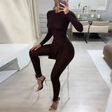 Summer Two Piece Set Leggings Women Black Long Sleeve T-shirt And Long Pants Suit Femme Rib Knitted Stretchy Outfits