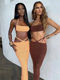 Women Knitted 2 Pieces Summer Clothing Set Sexy Tie-up Halter Crop Tops and Cross Wrapped Long Skirts Beach Clubwear-Outfit