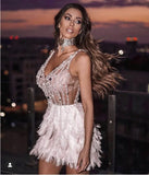 Quality Pink White Feathers Rayon Bandage Dress Elegant Night Club Party Dress