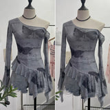 Tie Net Yarn Oblique Shoulder Babes Sexy Body-On-Sleeve Horn Irregular Top